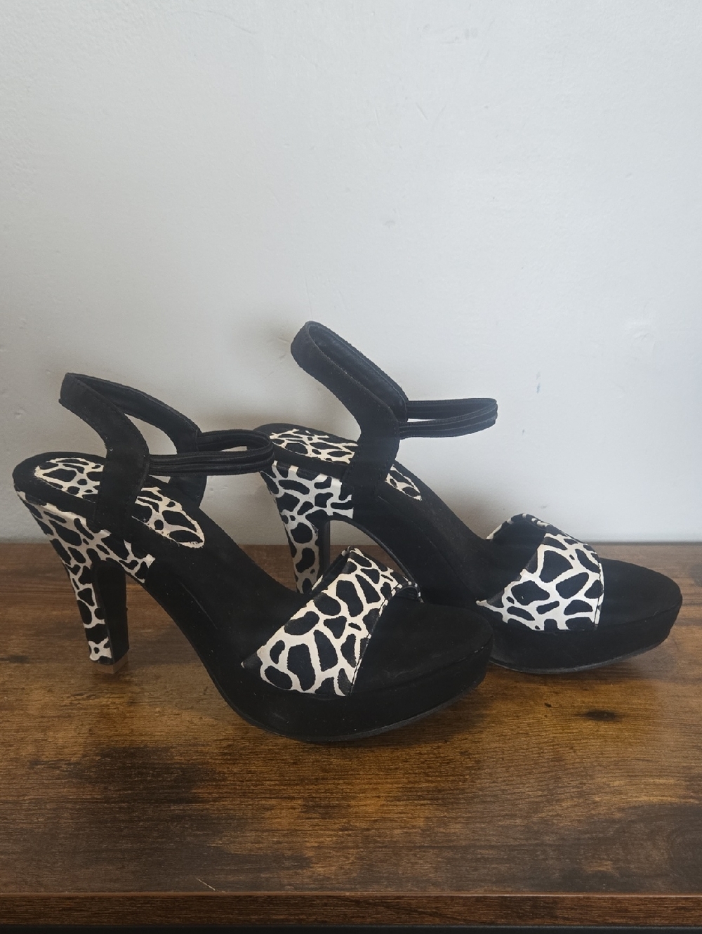 Black & White Animal Print Platform Heels - Women's Sandals